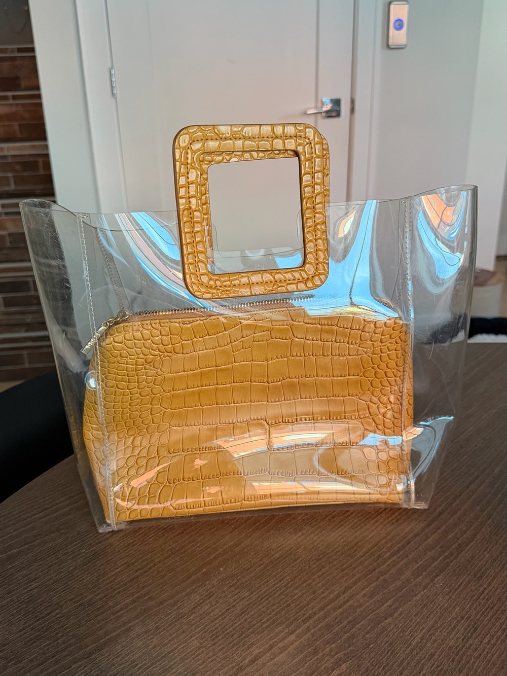 STAUD Clear Tote with Mustard Croc-Embossed Pouch